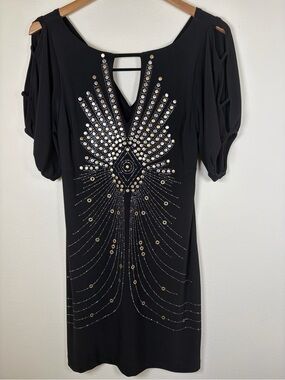 Bisou Bisou Glamcore Black Studded Dress Size 6 Cold Shoulder Cocktail